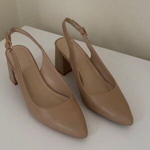 Neutral Beige Slingback Block Heel Pumps - Women
